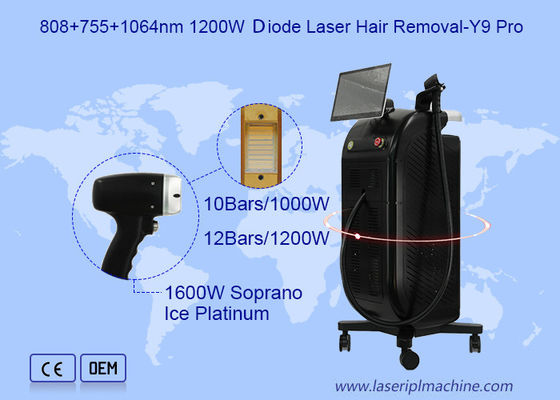 एकल हैंडल 3 तरंग दैर्ध्य 808 755 1064nm 1200W डायोड लेजर बाल हटाने Y9 प्रो